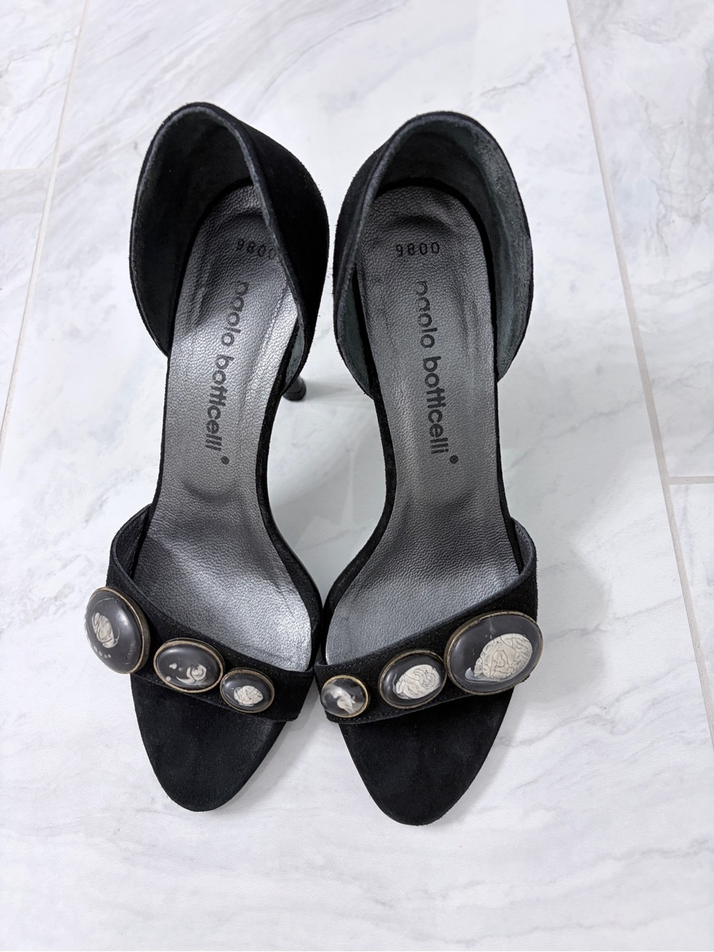 Black Embellished Open-Toe Heels